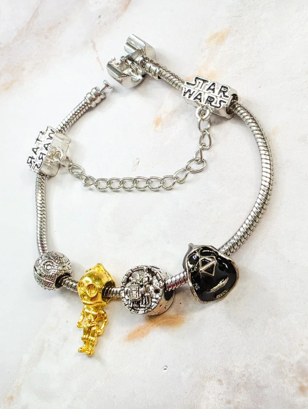 Star Wars Pandora Style Charm Bracelet C3PO Darth Vader Silver Tone